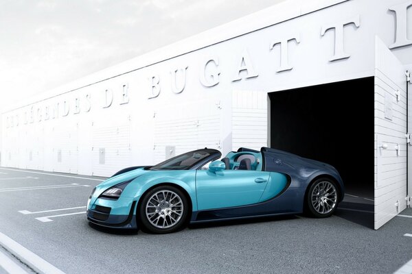 Новый синий Bugatti выезжает с гаража