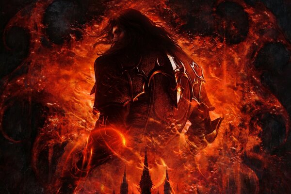 Герой игры на огненном фоне