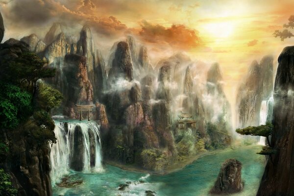 Природа джунглей с водопадами и густой зеленью
